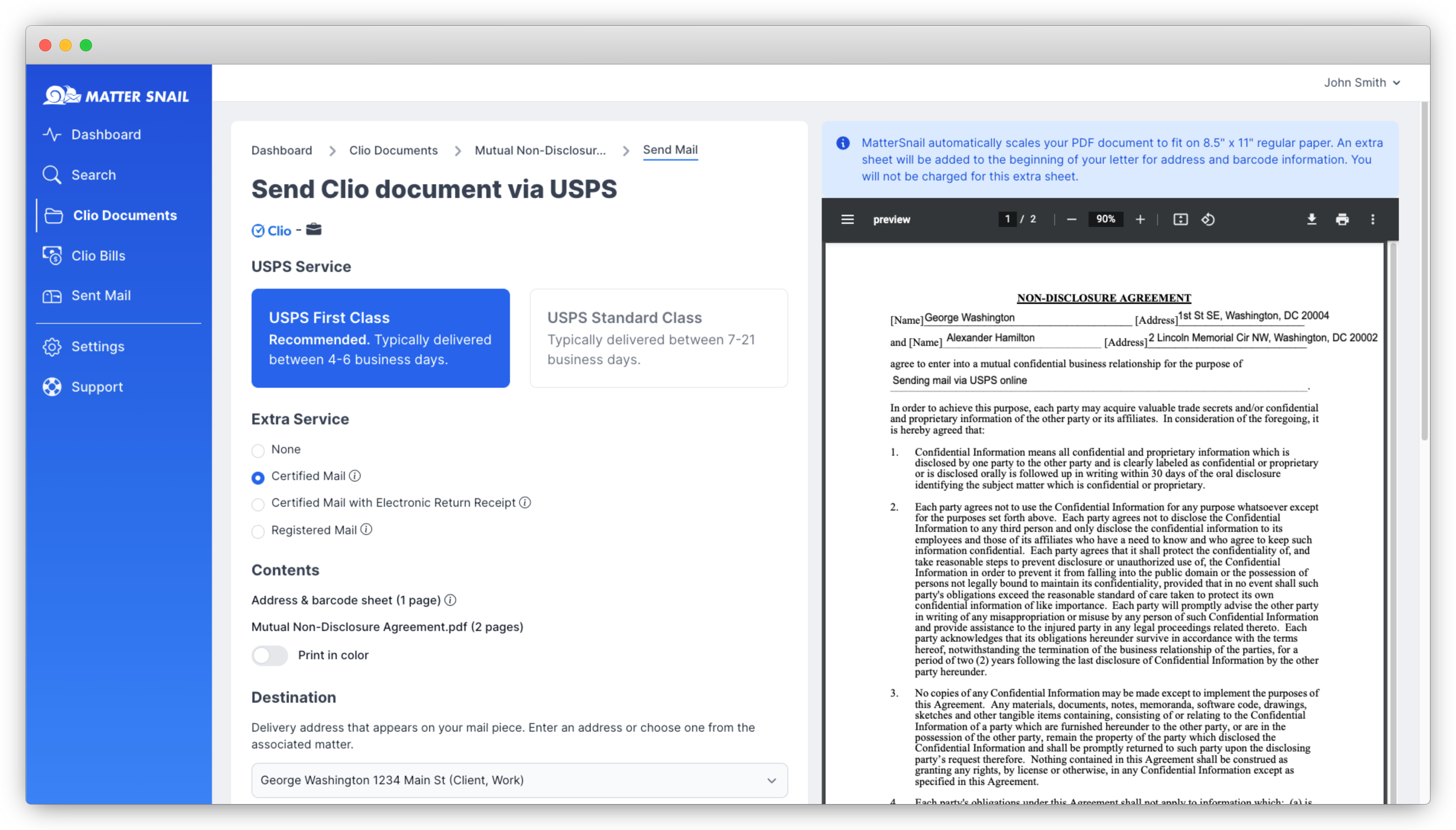 USPS mail form on MatterSnail